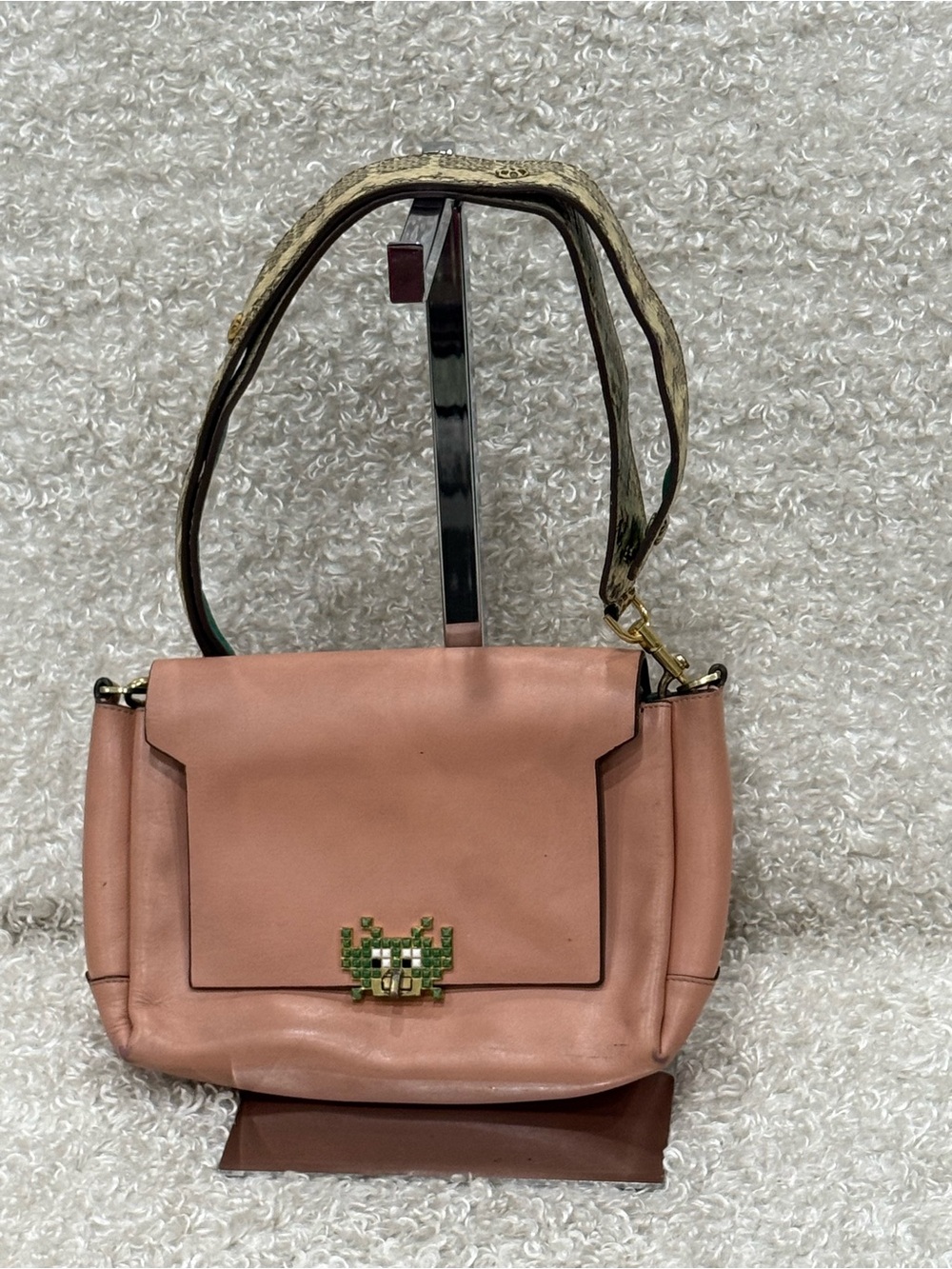 ANYA HINDMARCH Snakeskin Embellished Strap Leather Shoulder Bag